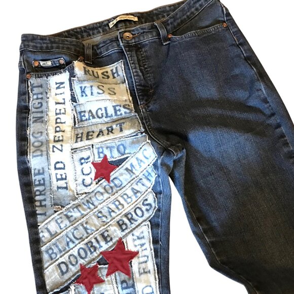 1970s Rock Band Patchwork Jeans, Size 12: Upcycled Bleached Band Patches & Stars - Picture 4 of 12